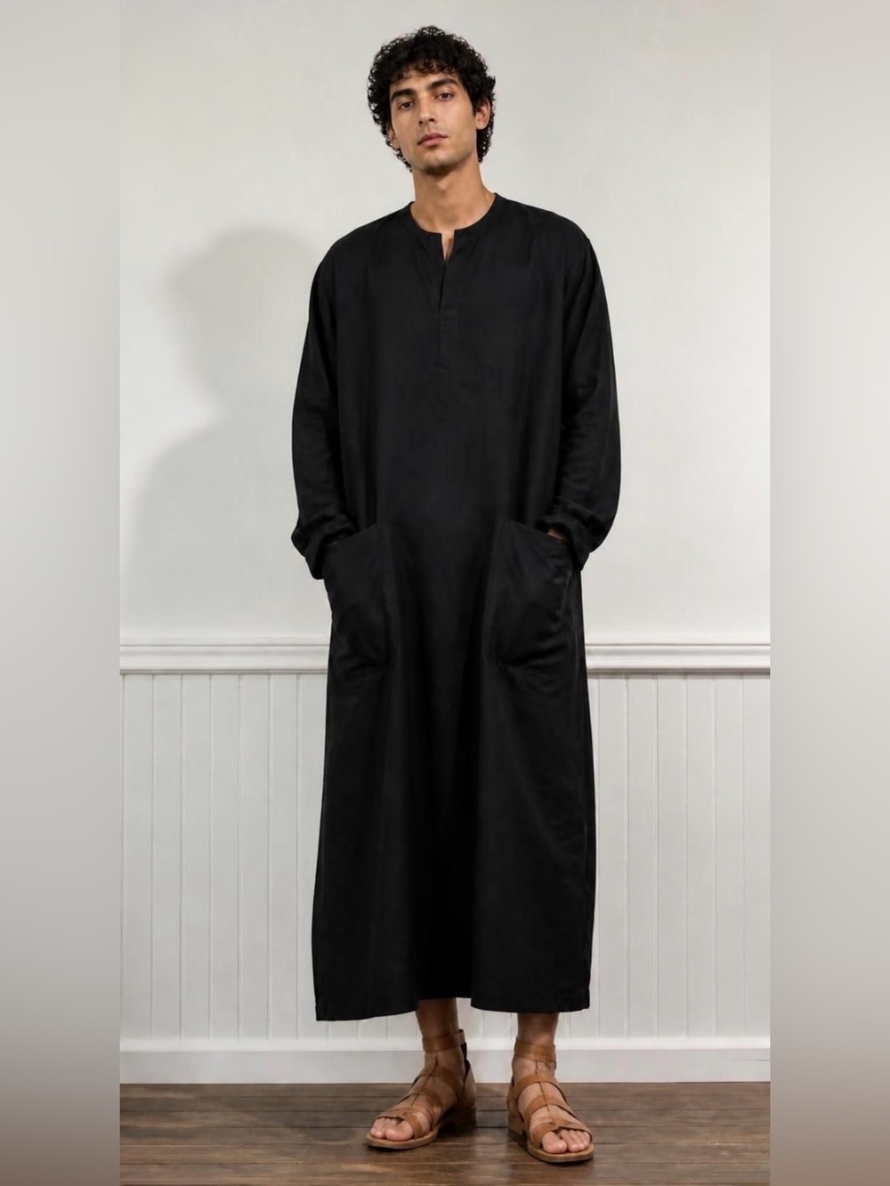 NEW YAOHUOLE Linen Kaftan Men Long Sleeve XXL Black